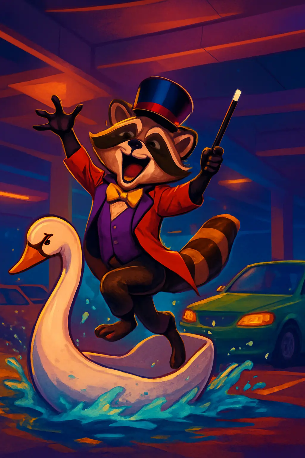 Raccoon Magician Escaping Swan